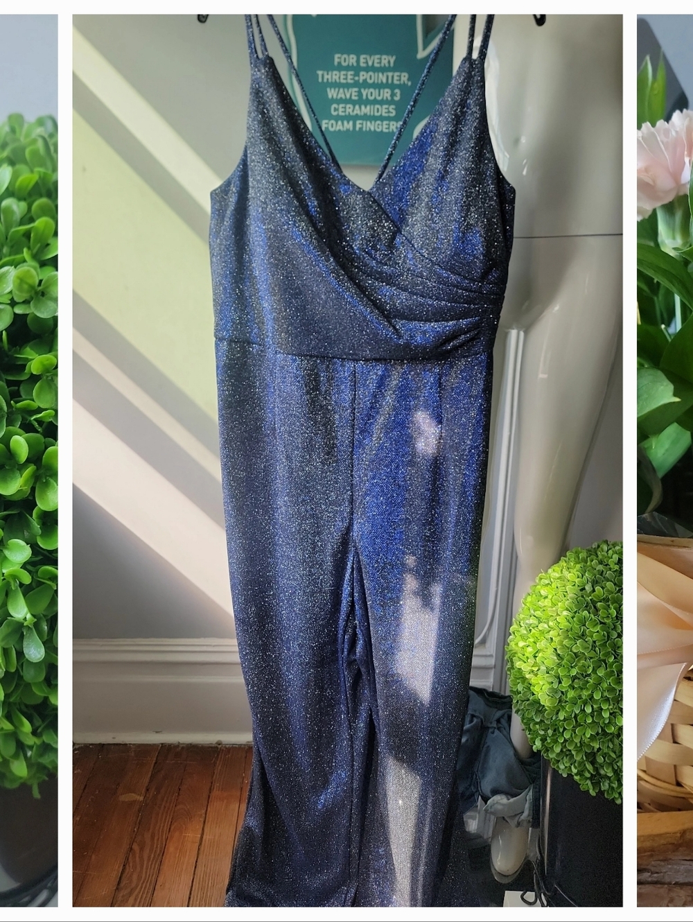 Night way Collections💙Sleeveless Spaghetti Strap Glitter Navy Jumpsuit